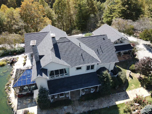 Aerial view of a large house.