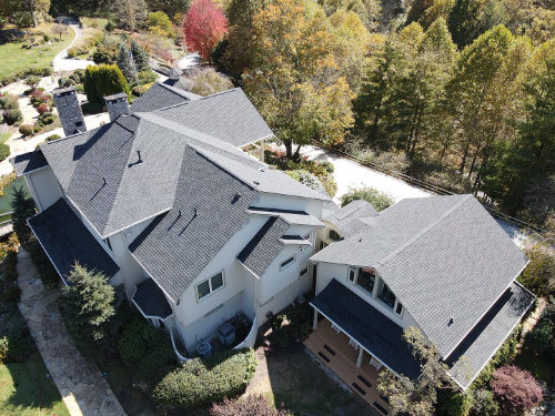 Aerial view of a large house.