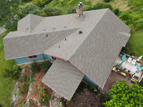 Aerial view of a house roof.
