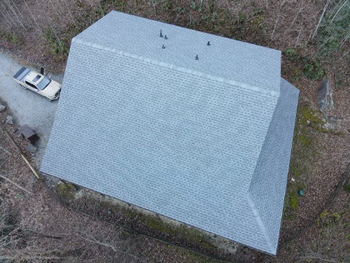 Aerial view of a gray roof