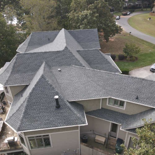 Aerial view of a complex roof