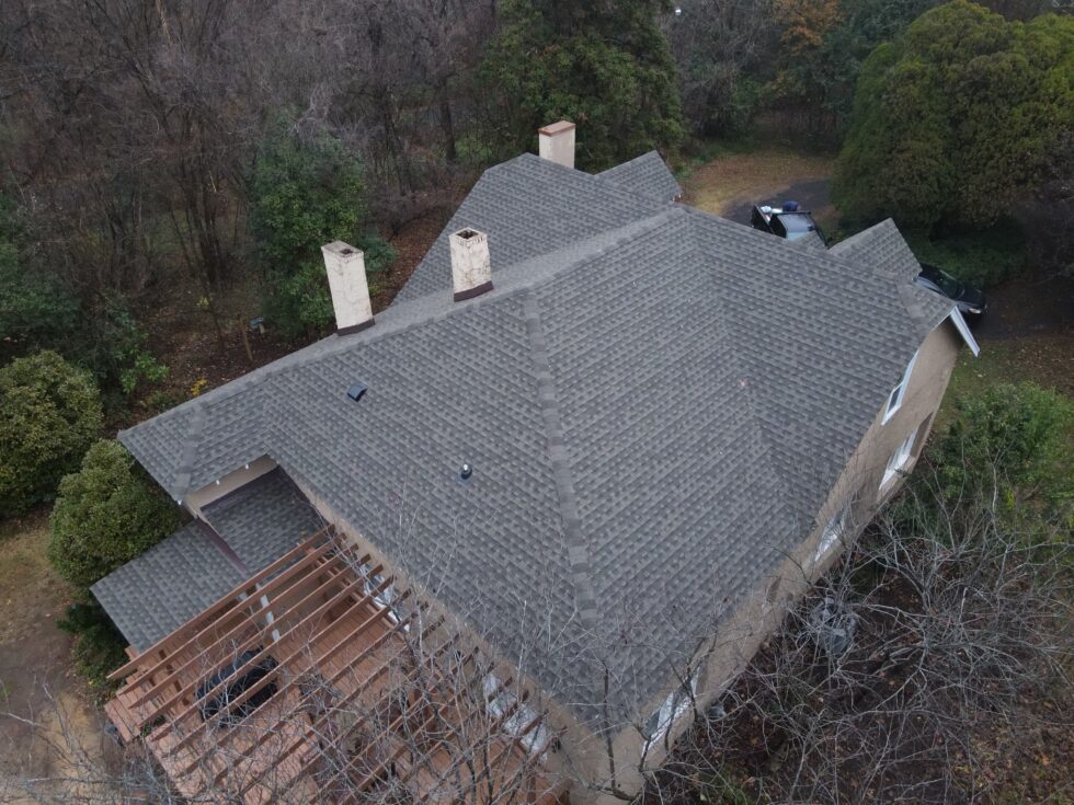 Aerial view of a house roof.