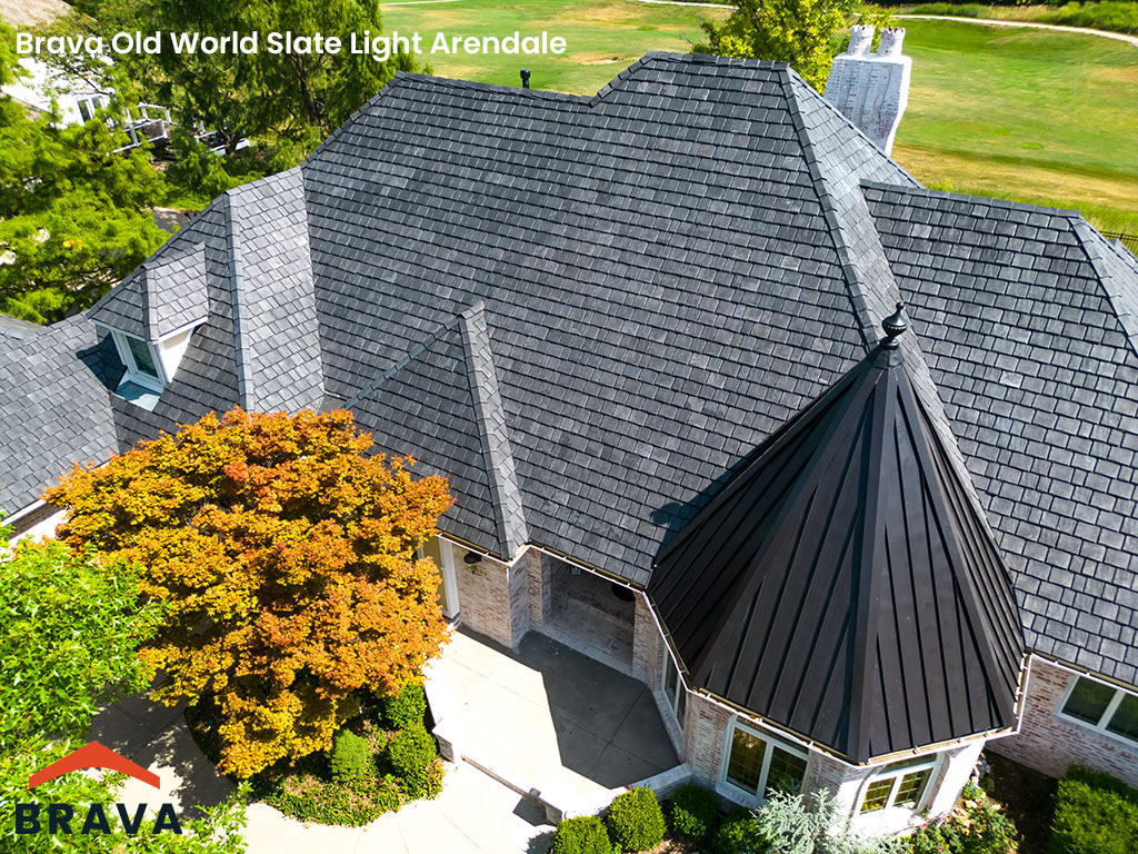 Aerial view of multi-pitched roofs