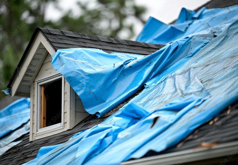 Roof covered with blue tarps