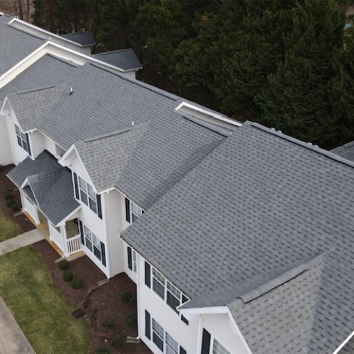 Aerial view of apartment rooftops.